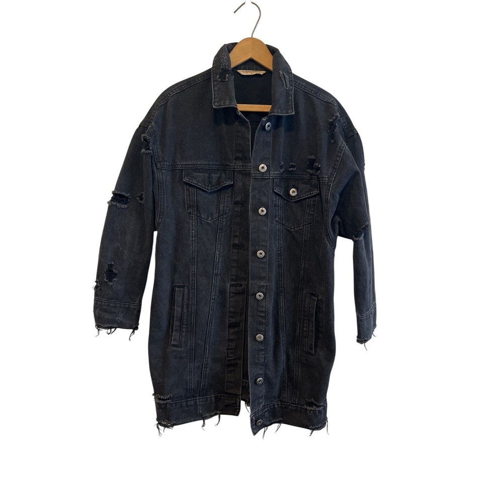 Highway Jeans Denim Black Jacket Women Size Small Distressed Oversized‎ Long